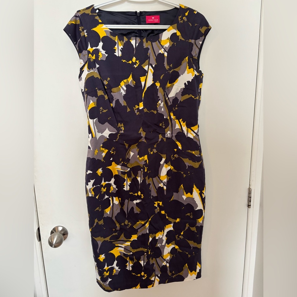Together Floral Midi Sheath Dress in Black, Yellow & Gray -Size 10